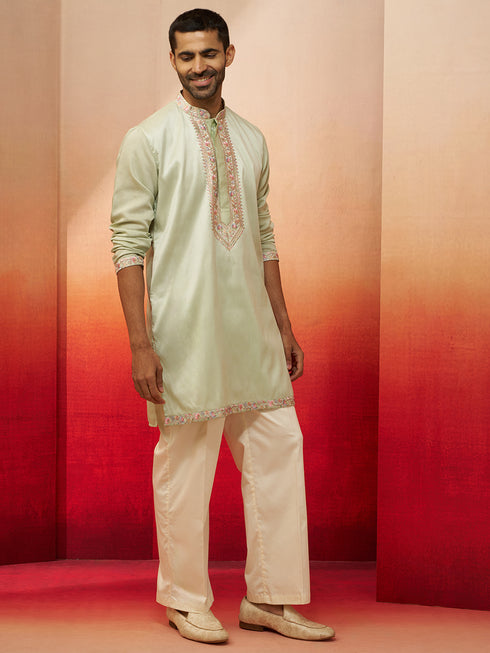 Men's Pista Green Embroidered Kurta with Palazzo